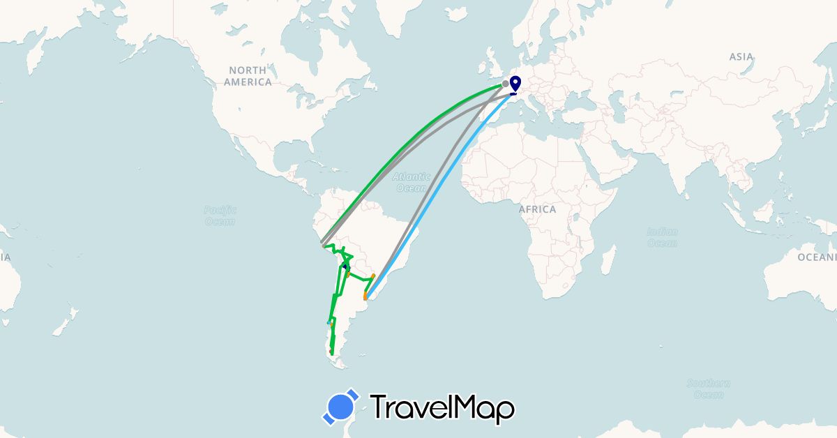 TravelMap itinerary: driving, bus, plane, cycling, hiking, boat, hitchhiking in Argentina, Bolivia, Chile, France, Peru, Paraguay, Uruguay (Europe, South America)